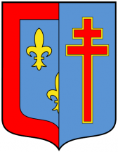 parti dextre d'azur aux trois fleurs de lys d'or et à bordure de gueule, senestre d'azur à croix patriarcale de gueules bordée d'or parti dextre d'azur aux trois fleurs de lys d'or et à bordure de gueule, senestre d'azur à croix patriarcale de gueules bordée d'or